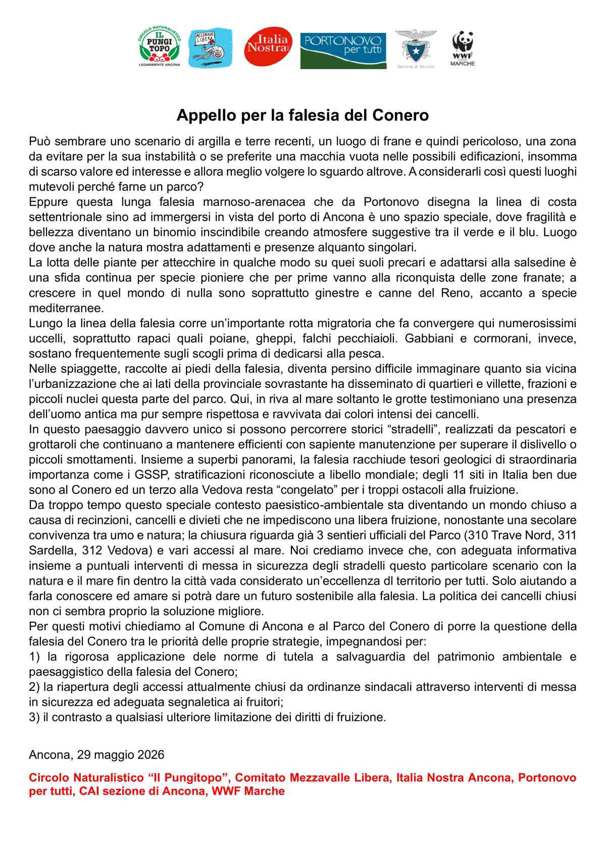 Appello per la falesia del Conero Comunicato stampa 29 mag 2026
